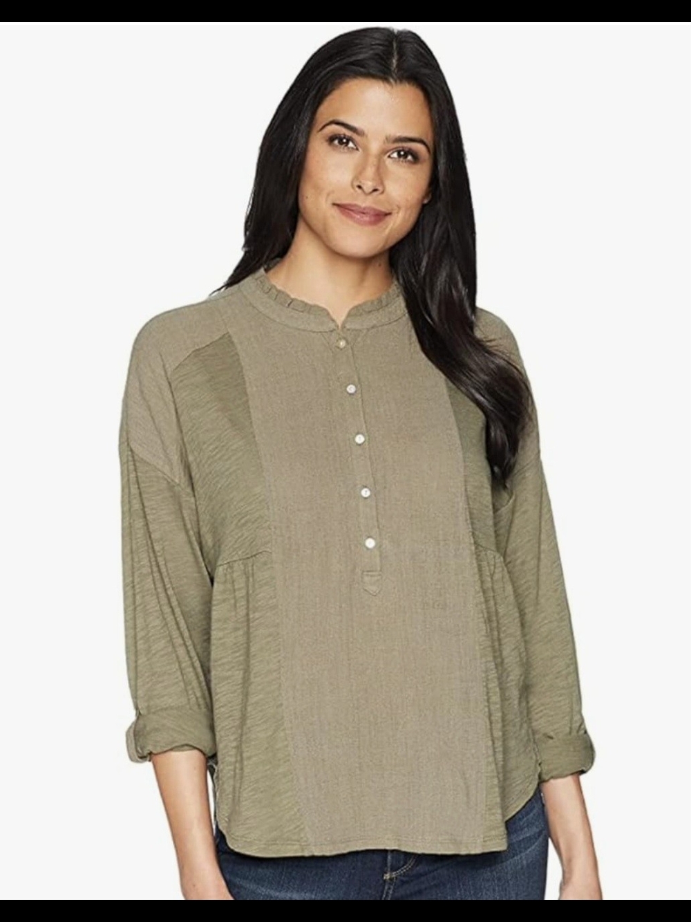 Lucky Brand Woven Gauze Mix Henley Top in Dusty Olive with a ruffled neckline
